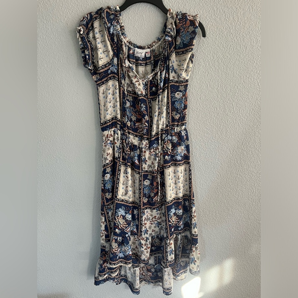 Vintage Style Navy blue and white floral Jody/Jodi dress with ruffle and tie